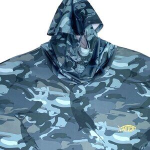 Aftco Hooded Camo Marlin Shirt Hoodie Mens Fishing Stretch Long Sleeve Blue XL